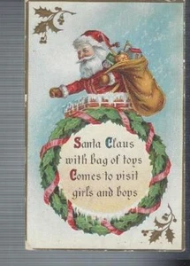 AK Weihnachtsmann & Spielzeugsack im Schornstein oben Stechpalme Weihnachten Gr.243 BS #565 - Bild 1 von 2