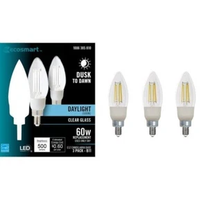 Ecosmart 60W Dusk to Dawn LED Bulb Daylight B11 E12 Candelabra Base 3 Pack - Picture 1 of 3
