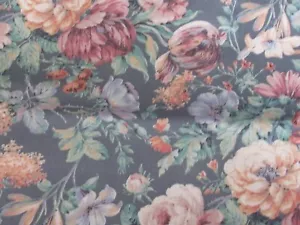 Polished Cotton Home Decor Fabric Vtg 80s floral rose on blue 25x44 - Picture 1 of 4