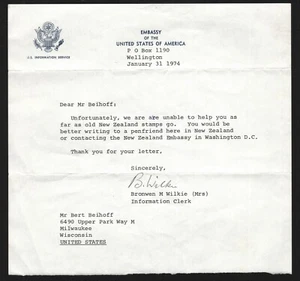 OPC 1974 US Embassy Wellington New Zealand Stationary Letter to USA 47485 - Picture 1 of 1