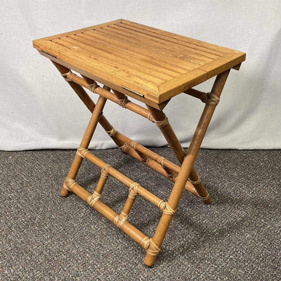VINTAGE McGuire Rattan Oak Campaign Folding Drink Side Table Pinch Finger Bamboo - Image 1 of 4
