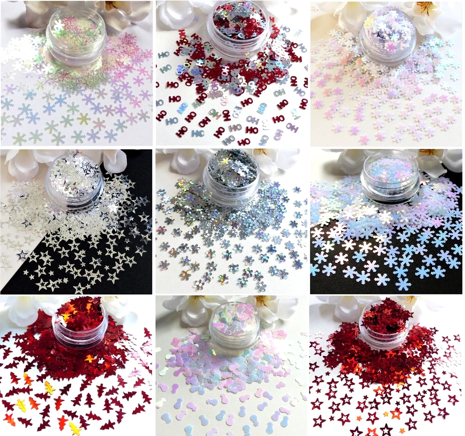 NAIL ART CRAFT SPANGLE Nail Art Glitter Snowflake Stars Tree Snowman Iridescent Holographic Sequin Pots