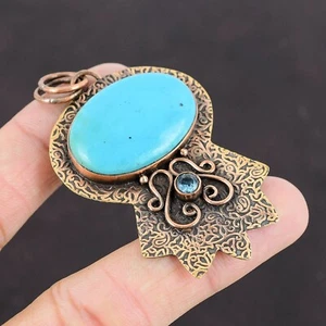 Oval Natural Arizona Turquoise Swiss Blue Topaz Copper Sister Pendant Jewelry - Picture 1 of 6