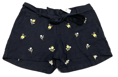 Ann Taylor LOFT NWT Size 4 Navy Blue Linen Blend Shorts Embroidered Floral Belt - Image 1 of 4