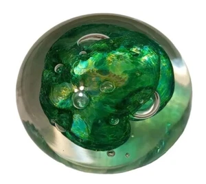 Biomorphic Art Glass Paperweight 1968 Israel Vintage Blue Green Bubble Handmade - Picture 1 of 15