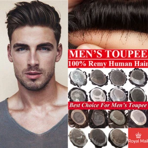 Mens Toupee V-Loop PU Thin Skin Human Hair Replacement System Hair Piece 8x10in - Picture 1 of 40