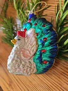 Adorno de Navidad de vidrio soplado a mano de pavo real vintage pájaro grande colorido - Imagen 1 de 12
