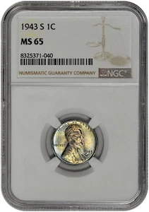 1943 S 1c Lincoln Steel Wheat Cent NGC Graded MS 65 Colorful Toning - Picture 1 of 2