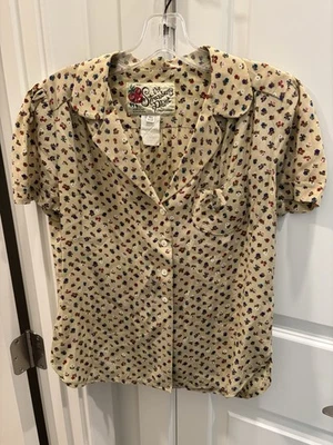 Винтажный 70-х клубника растение Dorothy Schoelen 9/10 коротким рукавом на пуговицах шелк - Изображение 1 из 4