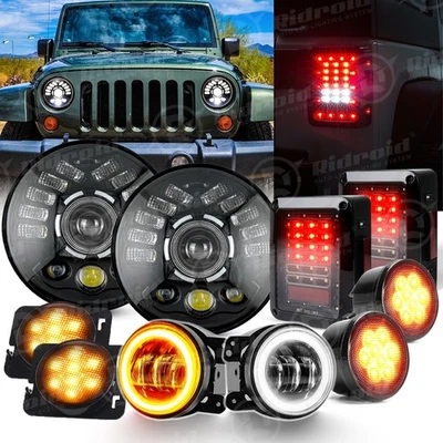 For Jeep Wrangler JK 2007-2018 Turn Tail Lamp Combo 7" LED Headlights Fog Lights - Image 1 of 4
