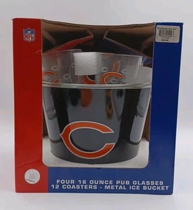 Chicago Bears NFL Gift Set 4 Pint Glasses Metal Ice Bucket 12 Coasters - Picture 1 of 9
