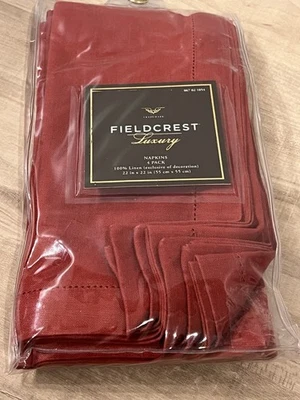 4 Vintage Fieldcrest Luxury Large Linen Table Napkins Set Red New 22x22in - Image 1 of 4