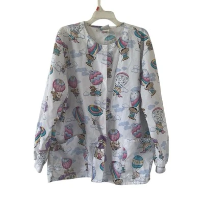 Simply Basic Scrub Top Women Large White Cartoon Hot Air Ballons - Image 1 of 4