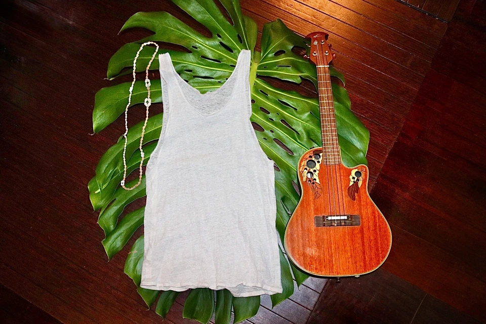 Camiseta sin mangas 100 % orgánica de lino tejido elástico crema para hombre XL hecha a mano personalizada nueva Foto 1 de 4