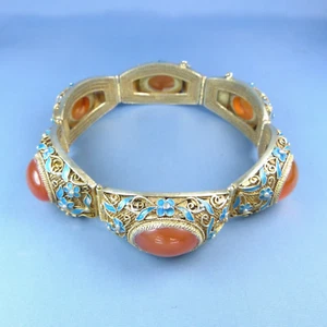 Large Antique Chinese Agate Filigree Silver Bracelet - Picture 1 of 8
