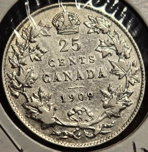 1909 Canadian *SILVER* 25 Cent *VF/XF* 100+ Year-Old *KEY DATE* Coin - RARE GEM! - Picture 1 of 2