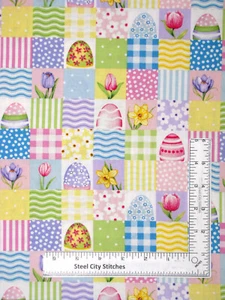 Easter Fabric Eggs Plaid Flower Patch Hoppy Hunting Cotton by Henry Glass Yard - Picture 1 of 1
