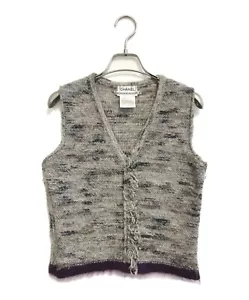 CHANEL Women's Knit Vest Gray Wool Gilet Black Made in France Size 38 Authentic - Picture 1 of 6