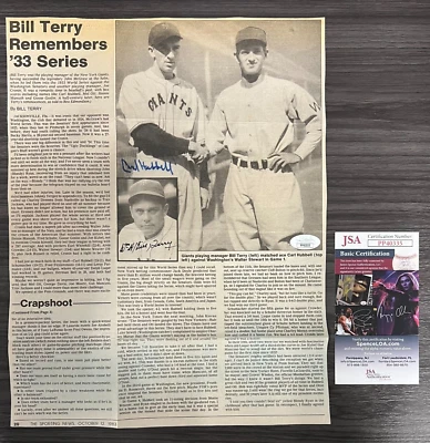 Carl Hubbell & Bill Terry Signed x2 Newspaper Page JSA AUTOS NY Giants HOFers! - Image 1 of 4