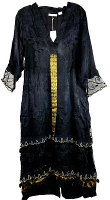 Bust 39 H 44 M NWD Nataya Black Gold Trim Flapper Goth Style Dress Net Pom Pom - Image 1 of 4