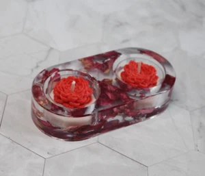 Double Red Heart Resin Rose Petal Botanical Tealight Holder - Picture 1 of 7