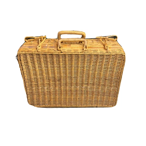 Vintage Woven Straw Rattan Wicker Large Carrying Case Suitcase with Lid Hinge Cover