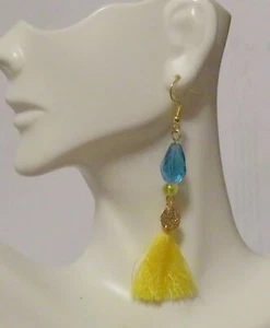 Earrings Turquoise Teardrop Crystal Yellow Tassel Drop 2" Gold Hook  - Picture 1 of 2