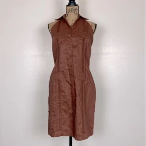 J.M.P Guayabera Linen Midi Dress Size M Brown Halter Collared Neck Pockets VTG - Picture 1 of 13