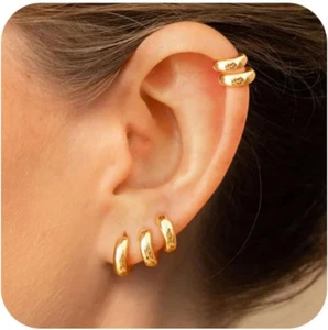 5Pairs Gold Hoop Earrings for Women, Dainty 14K Gold Plated Huggie Hoop Earrings - Picture 1 of 12