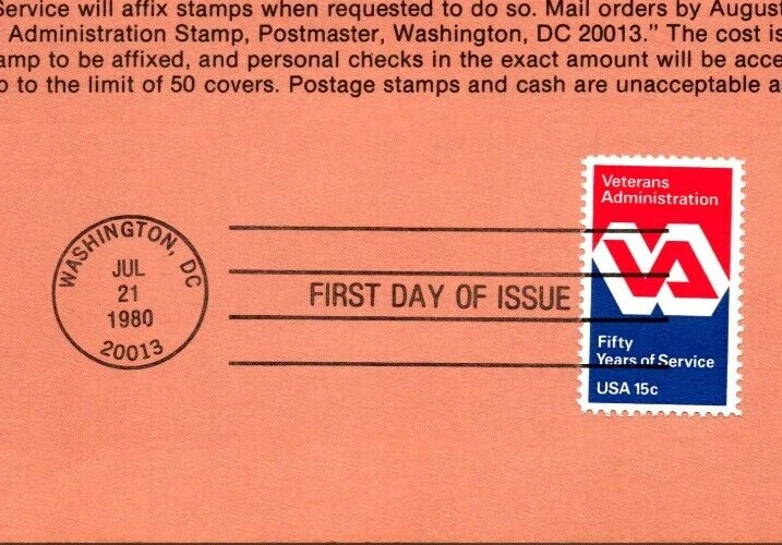 USPS FDC Souvenir Sheet Veterans Administration VA Stamp Scott #1825 - Image 1 of 2