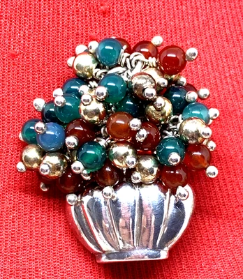 SPILLA BASKET DI FIORI IN ARGENTO CON PERLE DI  AGATA ARGENTO DORATO E CORNIOLA - Immagine 1 di 4