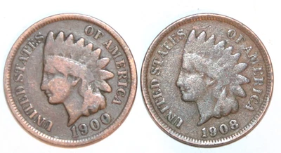 (2) Indian Head Cents - 1900(Very Good) 1908(Very Good) - #7307D - FREE SHIPPING - Image 1 of 3