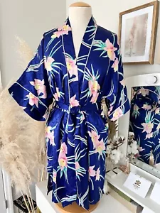 Christian Dior Vintage Satin Blue Floral Robe Lingerie Size S-L Made In USA - Picture 1 of 16