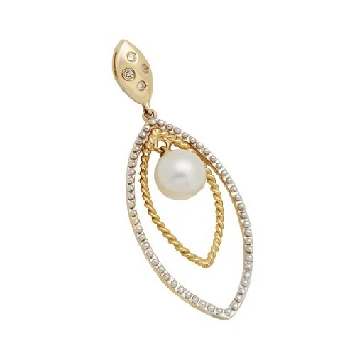 NATURAL 14K YELLOW WHITE TWO TONE GOLD PAVE DIAMOND PEARL PENDANT NECKLACE - Image 1 of 1