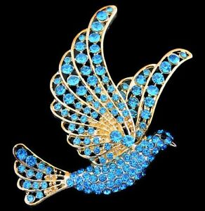  BIG Glorious DOVE Blue BIRD Rhinestone Betsey Johnson Necklace Pendant Brooch