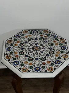 White Marble Table Semi Precious Marquetry Floral Fine Inlay Art Decor - Picture 1 of 9