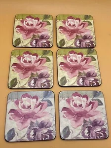 Set of 6 Vintage Pink Rose Square Cork Backed Coasters - Picture 1 of 5