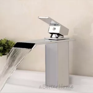 Grifos mezcladores de lavabo de cascada de baño modernos con orificio de una manija cromados - Imagen 1 de 3