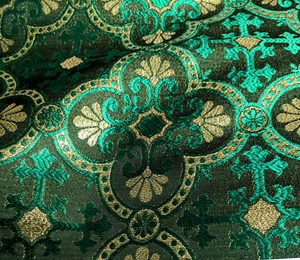 Gothic Liturgical Brocade Fabric Green Gold Metallic Orphrey Sewing Vestment - Picture 1 of 6