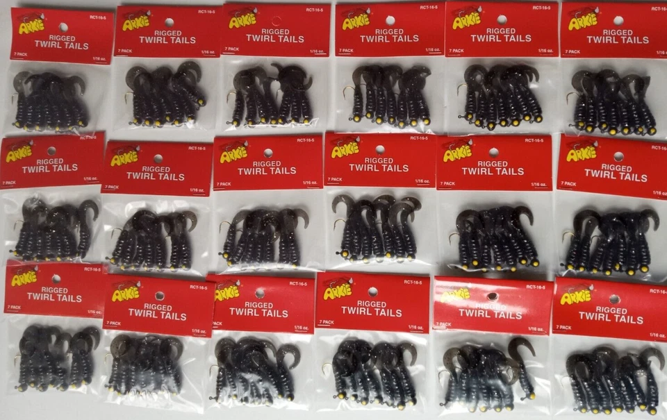 18 упаковок/126 штук Arkie Rigged Twirl Tails grub 1/16 унции мелкая рыба краппи черная - Изображение 1 из 3