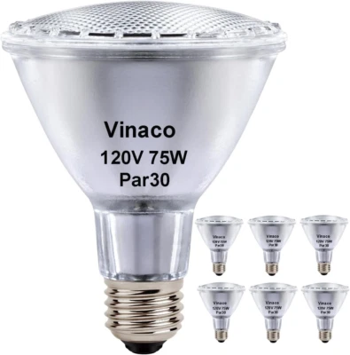 BRANDED Vinaco PAR30 Long Neck 75W, 6 Pack High Output PAR30 Halogen Flood Light War...