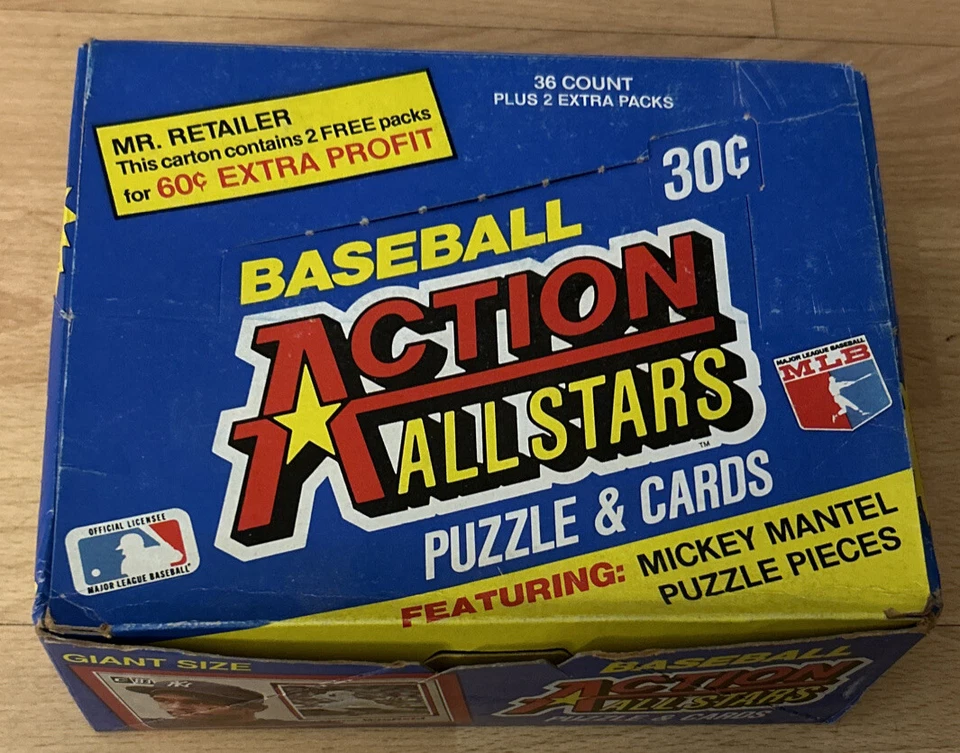 Caja de béisbol Donruss Action All Stars 1983 vacía con error Mickey Mantle “Mantel” Foto 1 de 4