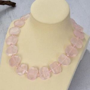Collana Rettangolare 18'' 20x23MM Quarzo Rosa Naturale Sfaccettata Fetta - Foto 1 di 6