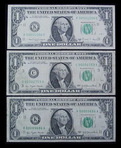 Lot of 3 U. S. One Dollar $1 FR Notes Very Low Serial Numbers 4 ZEROS LOOK - Picture 1 of 24