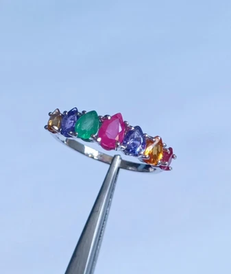 Anello con pietre preziose multicolore naturali in argento sterling 925... - Immagine 1 di 4