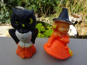 Two Vintage Halloween GURLEY CANDLES -  little orange witch + owl on tree stump - Picture 1 of 4