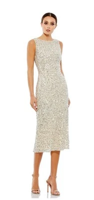 Vestido justo Mac Duggal 5526 prata nude sem mangas lantejoulas midi tamanho 14 novo com etiquetas - Imagem 1 de 4