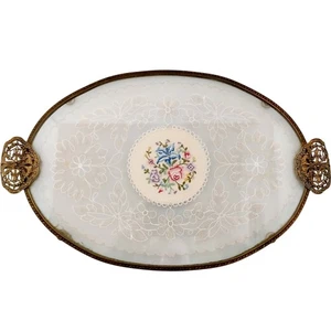 Vintage Glass Lace Vanity Dressing Table Tray Oval Floral Design - Picture 1 of 11