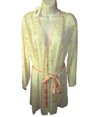 CABERNET Womens Robe SMALL Belted Long Sleeve Sheer Poly Yellow Pink Floral NWT - Image 1 of 4