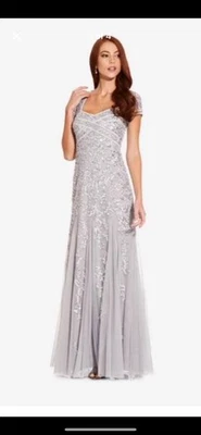 ADRIANNA  PAPELL LONG BEADED DRESS WITH CAP SLEEVES IN SILVER MIST New 10P size - Image 1 of 4